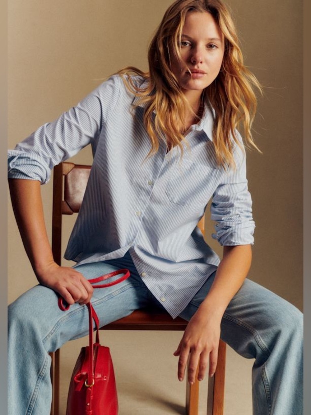 Sezane Striped Button Down Tomboy Shirt, size 42